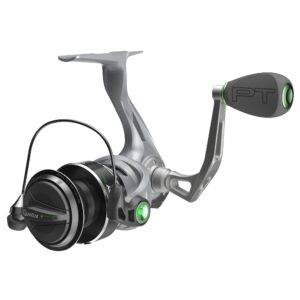 quantum energy s3 spinning fishing reel, size 25 reel, changeable right- or left-hand retrieve, continuous anti-reverse clutch, eva handle knobs, 5.2:1 gear ratio, 8 + 1 bearings, silver/black