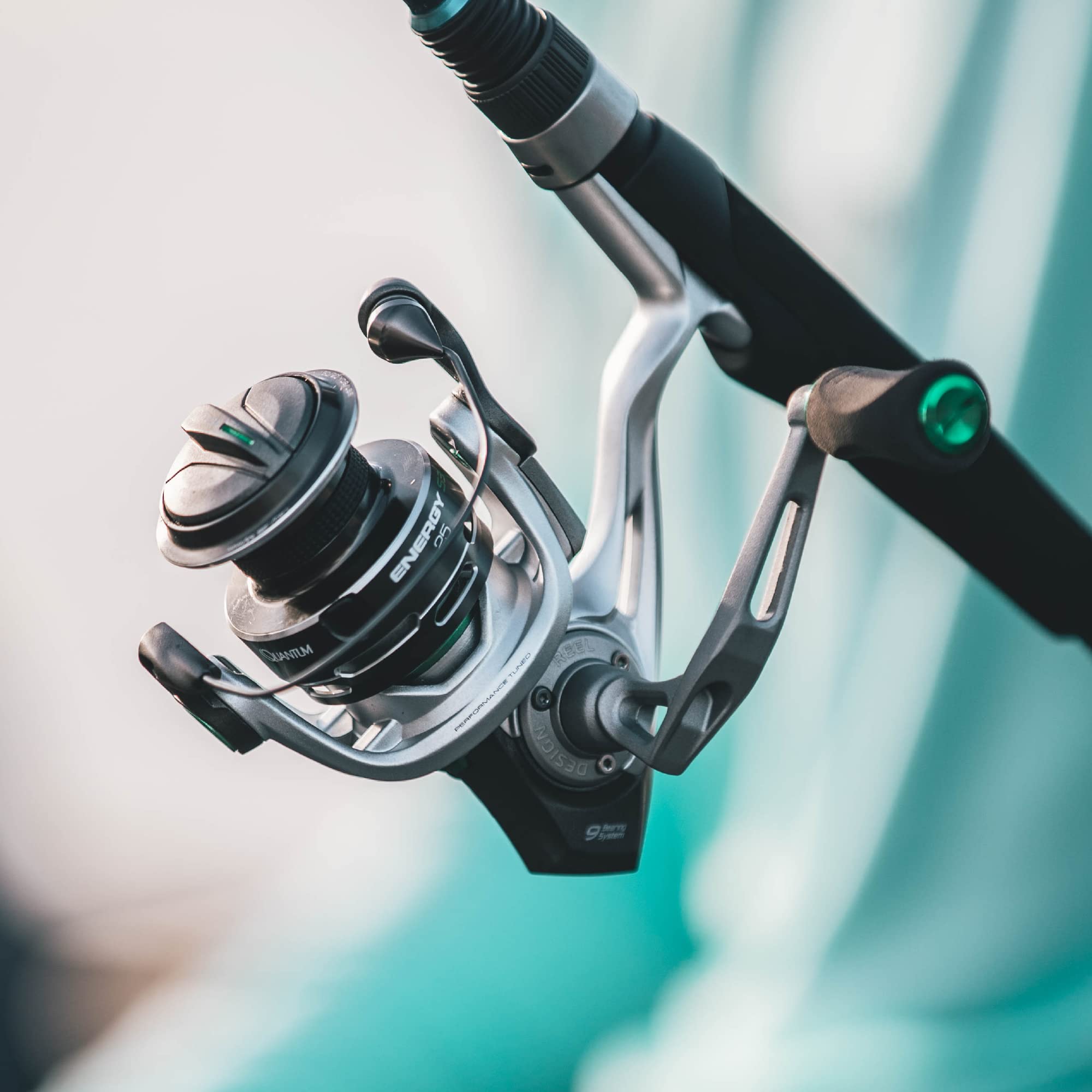 Quantum Energy S3 Spinning Fishing Reel, Size 25 Reel, Changeable Right- or Left-Hand Retrieve, Continuous Anti-Reverse Clutch, EVA Handle Knobs, 5.2:1 Gear Ratio, 8 + 1 Bearings, Silver/Black