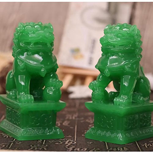 Briskfeel Amperer Feng Shui Porsperity Statues 2 PCS Fu Foo Dogs Pair of Green Guardian Lion Best Housewarming Congratulatory to Ward Off Evil Energy Home Feng Shui Decor