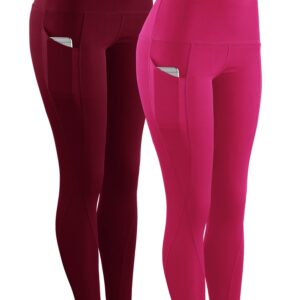 NELEUS 2 Pack Tummy Control High Waist Running Workout Leggings,9017,Red,Rose Red,US L,EU XL