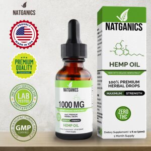 Organic Hemp Oil 1000mg - Ultra Premium Hemp Oil Drops 1000mg - Natural Hemp Oil Extract Tincture - Non-GMO Ultra-Pure CO2 Extracted Drops - Omega Fatty Acids 3 6 9 - Organically Grown & Made in USA