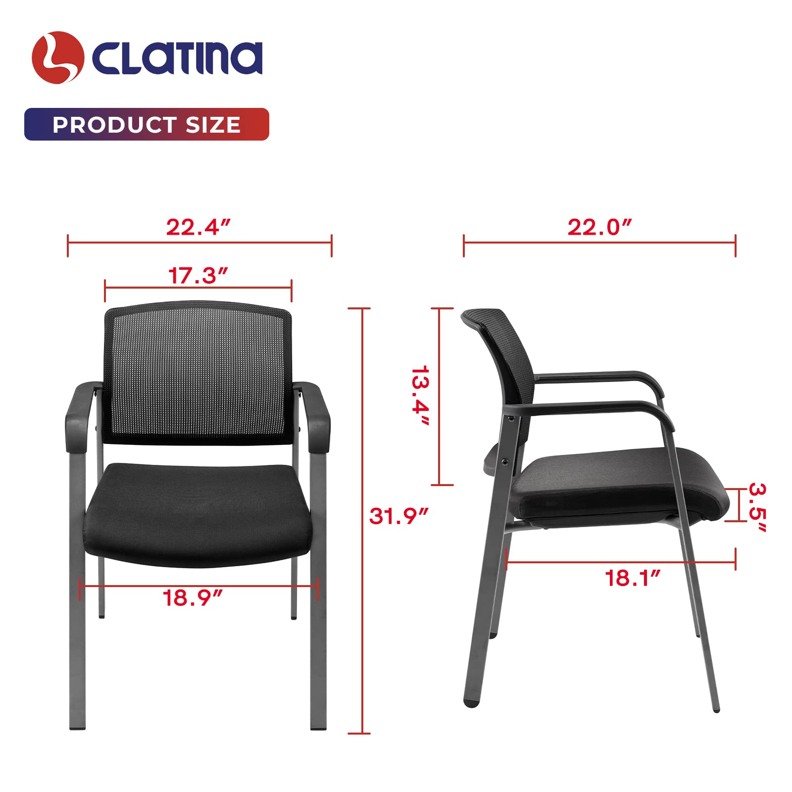 CLATINA Mesh Back Stacking Arm Chairs with Upholstered Fabric Seat and Ergonomic Lumbar Support for Office School Church Guest Reception Black 2 Pack Set