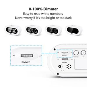 REACHER Small LED Digital Alarm Clock with Snooze, Simple to Operate, Full Range Brightness Dimmer, Adjustable Alarm Volume, Outlet Powered Compact Clock for Bedrooms, Bedside, Desk, Shelf(White)