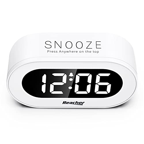 REACHER Small LED Digital Alarm Clock with Snooze, Simple to Operate, Full Range Brightness Dimmer, Adjustable Alarm Volume, Outlet Powered Compact Clock for Bedrooms, Bedside, Desk, Shelf(White)