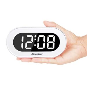 REACHER Small LED Digital Alarm Clock with Snooze, Simple to Operate, Full Range Brightness Dimmer, Adjustable Alarm Volume, Outlet Powered Compact Clock for Bedrooms, Bedside, Desk, Shelf(White)