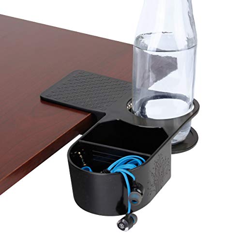 ENHANCE Clip On Desk Cup Holder - Desktop Organizer Clamp, Water Bottle Holder, Remote Holder - Home Office Desk Accessories - Drink & Food Storage with Metal Spring - Holds Phones, Office Supplies