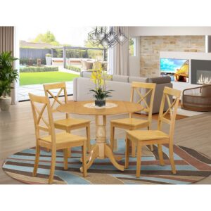 East West Furniture DLBO5-OAK-W 5 Piece Dining Set Includes a Round Dining Room Table with Dropleaf and 4 Kitchen Chairs, 42x42 Inch, Oak