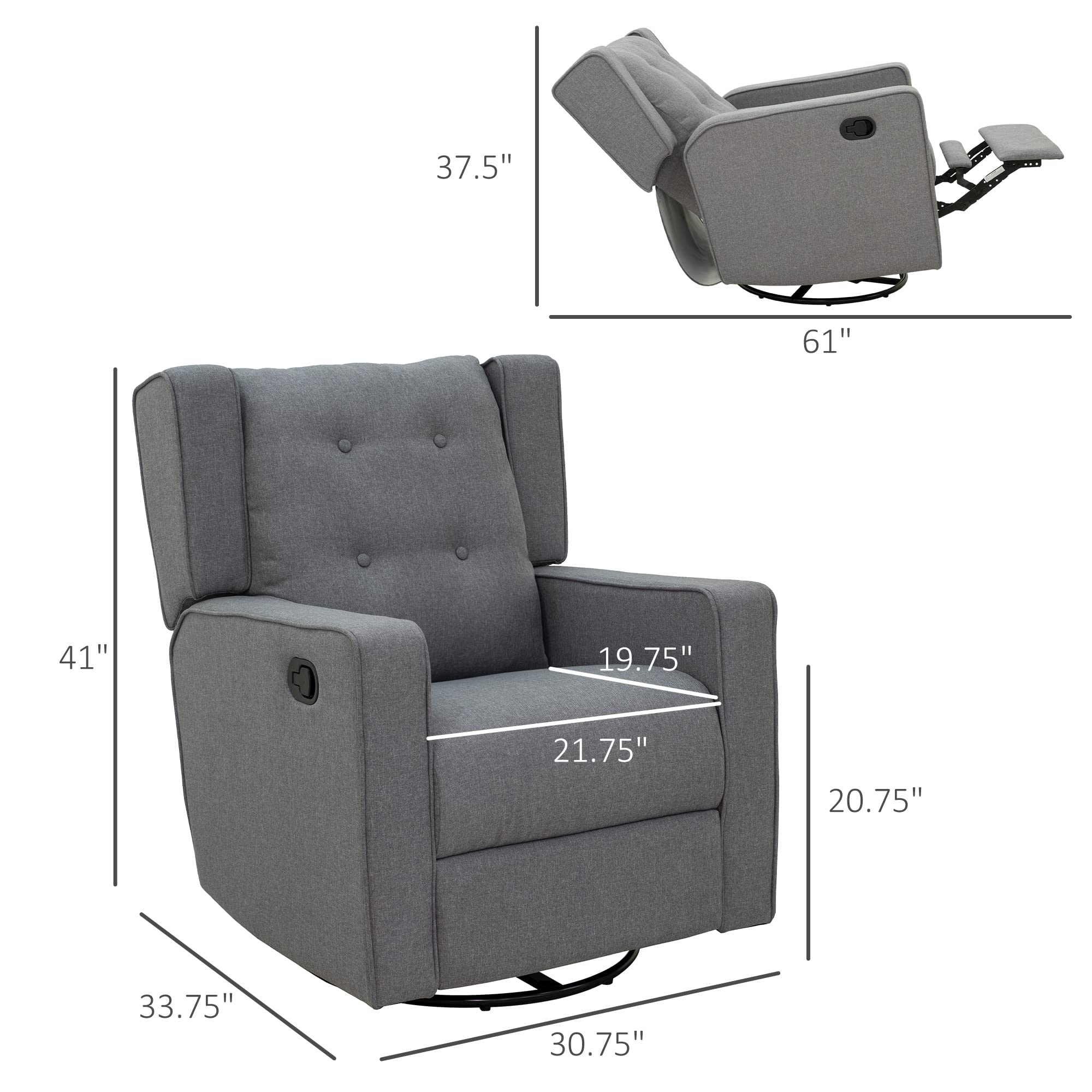 HOMCOM Wingback swivel recliner chair glider rocking chair for Nursery with Button Tufted, Padded Single Home Theater Seater for Living Room Bedroom, Grey