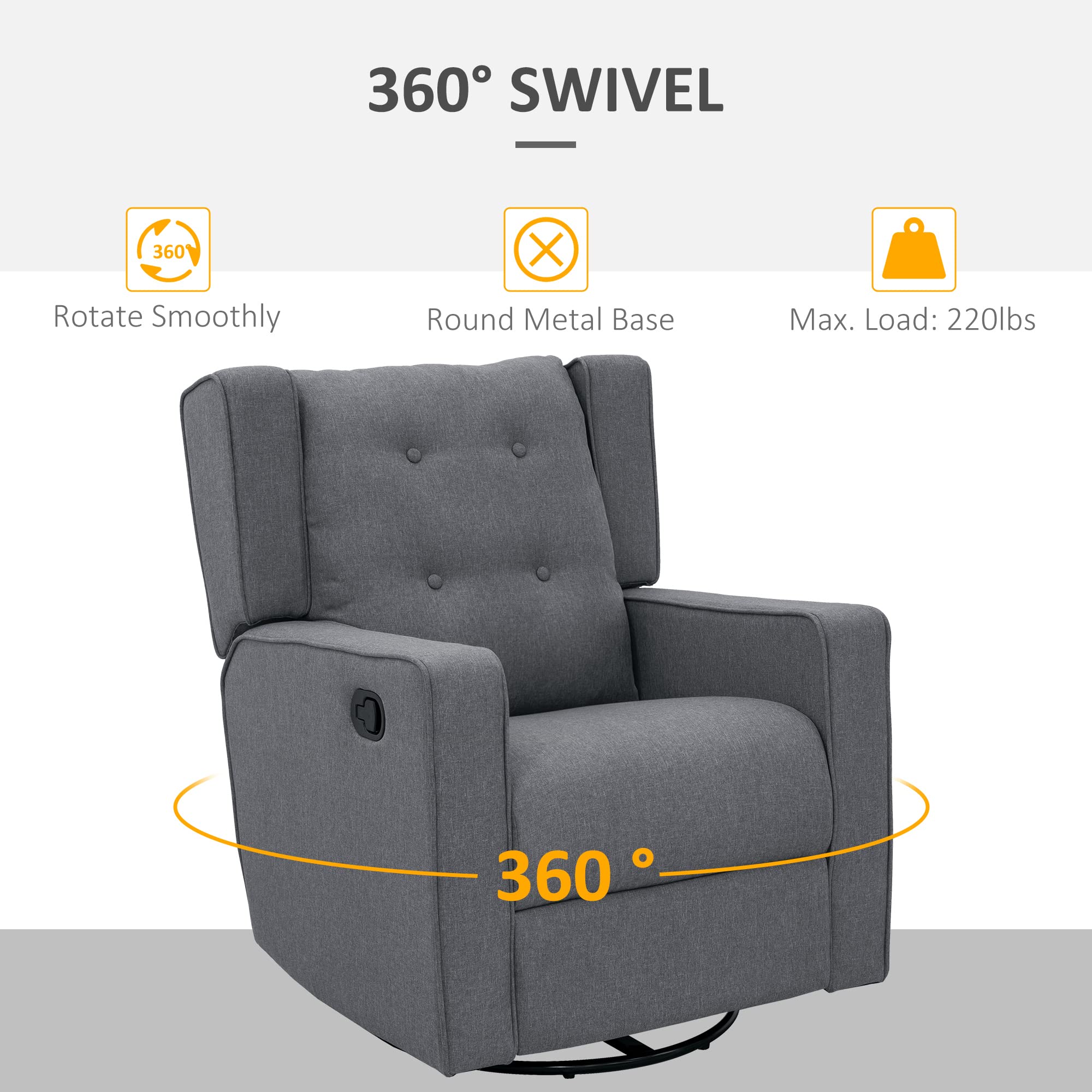 HOMCOM Wingback swivel recliner chair glider rocking chair for Nursery with Button Tufted, Padded Single Home Theater Seater for Living Room Bedroom, Grey