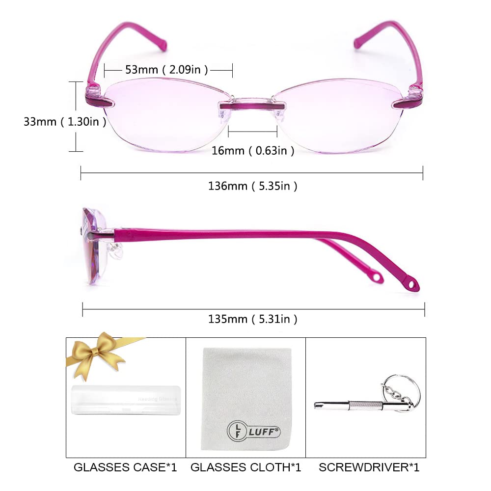 LUFF Reading Glasses Hd Anti-Blue Diamond Cut Edge Frameless Reading Glasses for womens (2.0X)