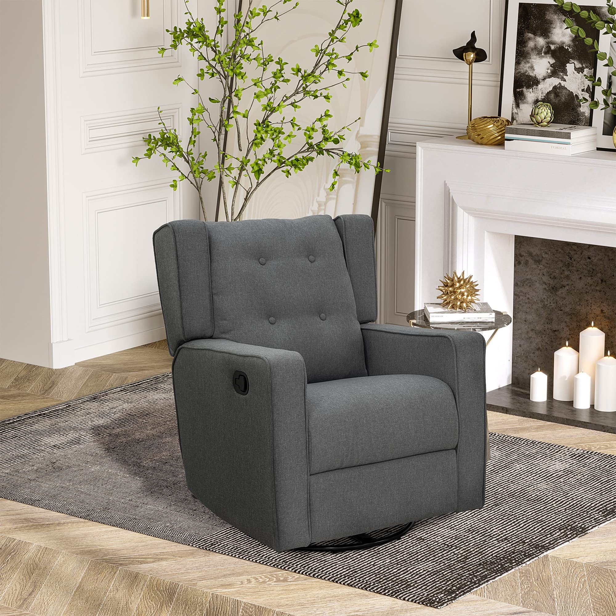 HOMCOM Wingback swivel recliner chair glider rocking chair for Nursery with Button Tufted, Padded Single Home Theater Seater for Living Room Bedroom, Grey