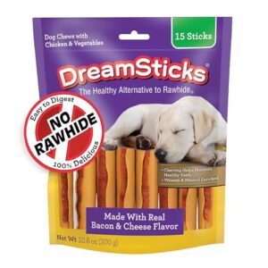 dreambone dreamsticks with real bacon and cheese flavor, rawhide free dog chew sticks 15 sticks