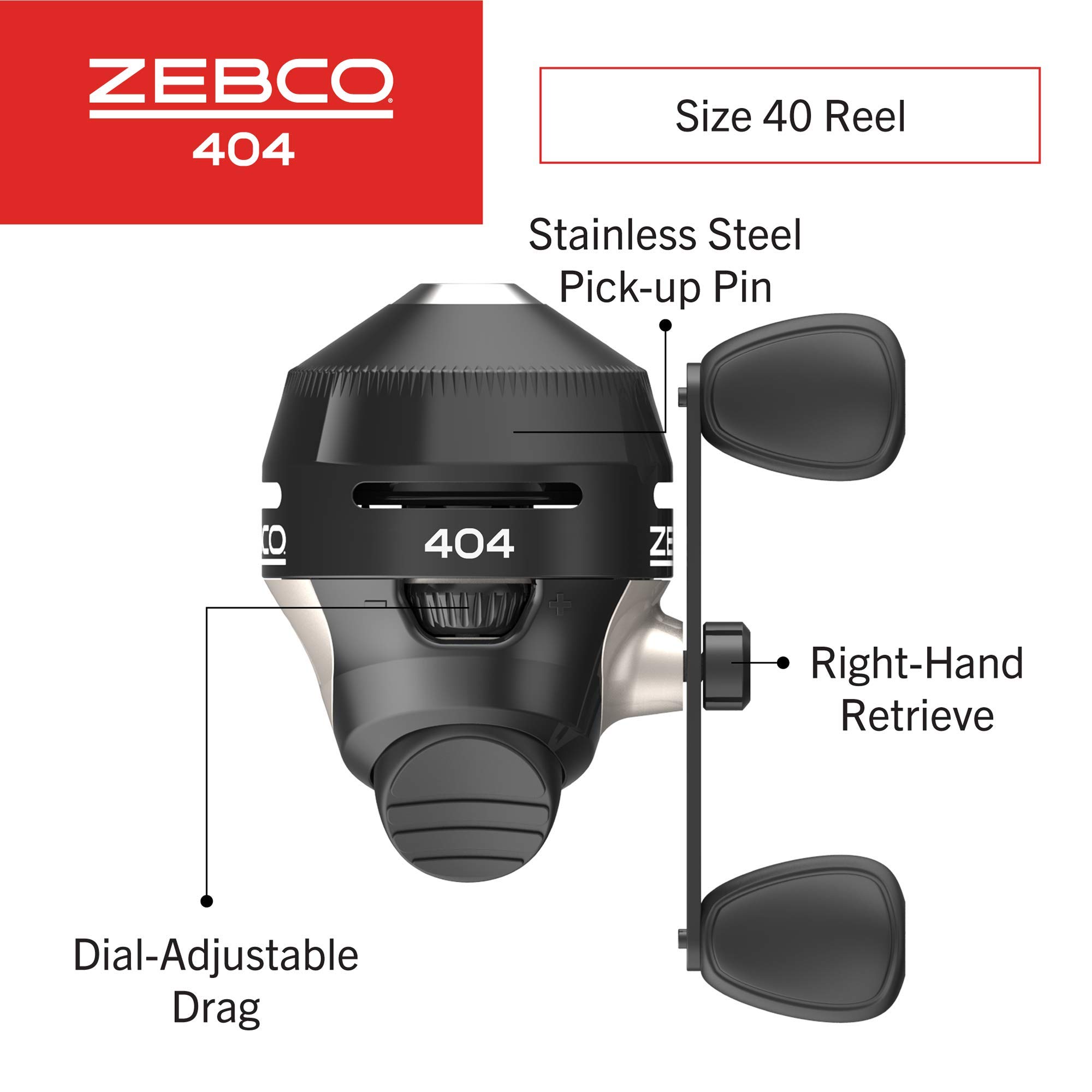 Zebco 404 Spincast Fishing Reel, Size 40 Reel, Right-Hand Retrieve, Built-in Bite Alert, Durable All-Metal Gears, Stainless Steel Pick-up Pin, Pre-Spooled with 15-Pound Zebco Fishing Line, Black