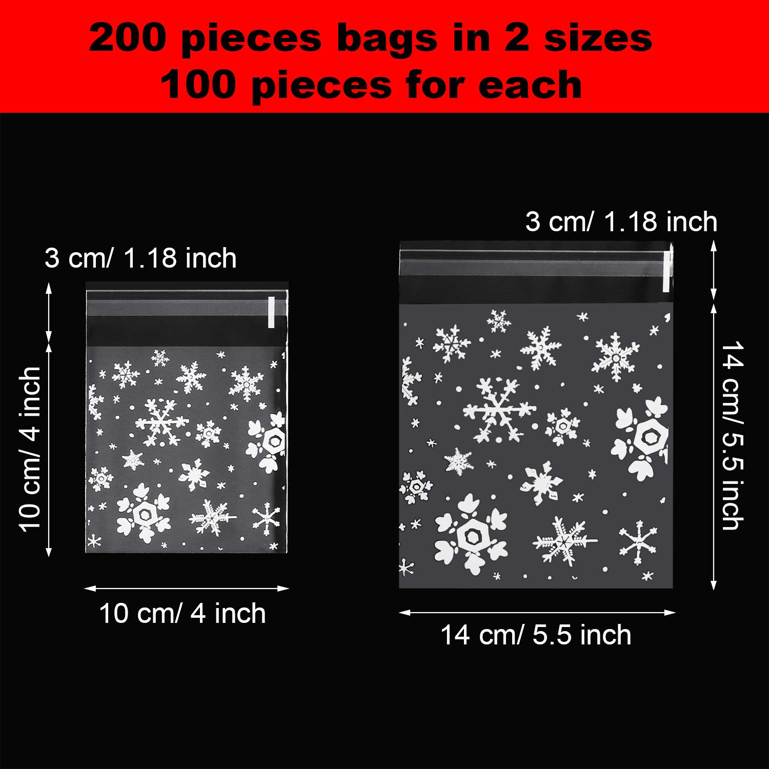 JOVITEC 200 Pieces Christmas Candy Bags Treat Bags Self-Adhesive Cellophane Gift Bags with Snowflake Patterns, 2 Sizes