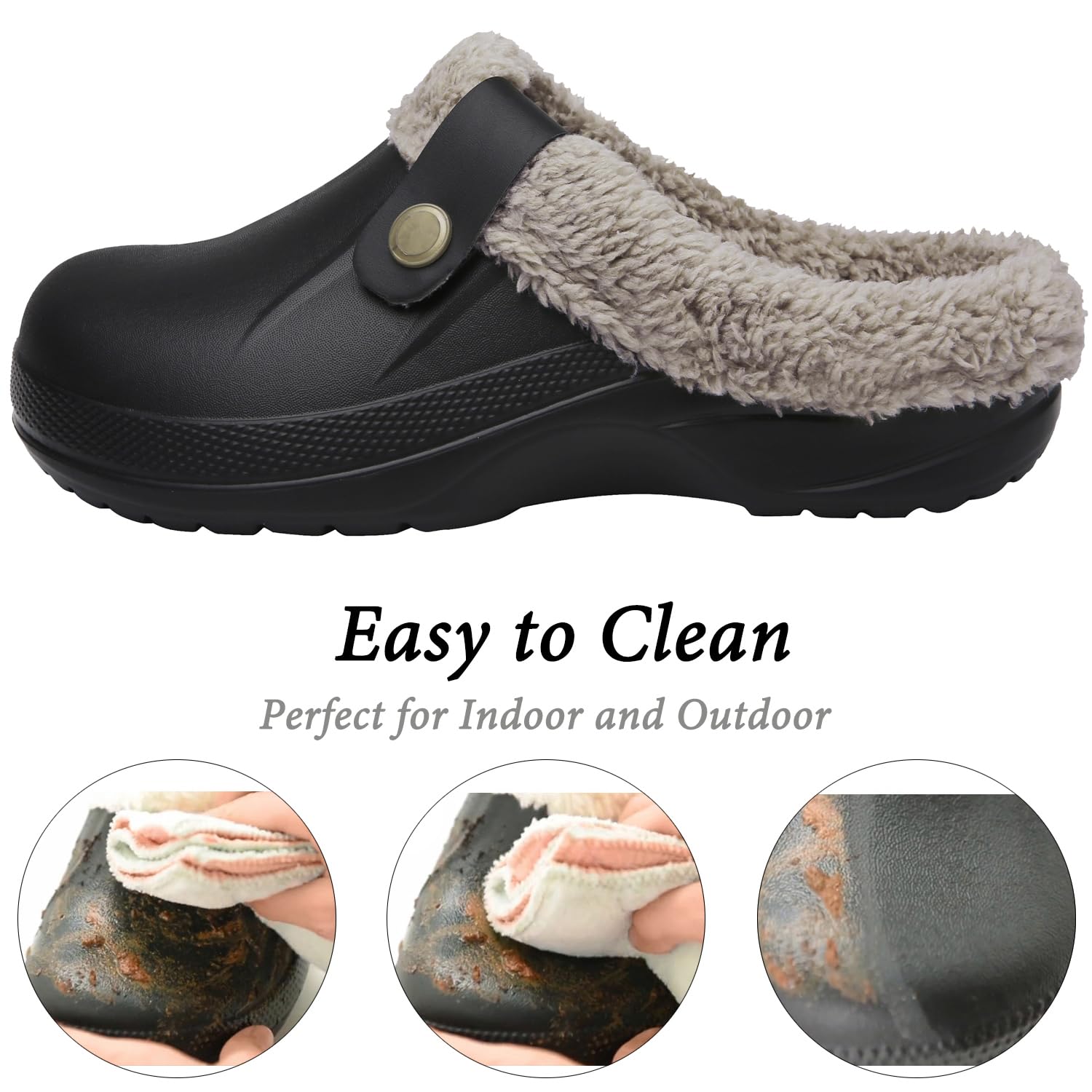 ChayChax Waterproof Slippers Women Men Fur Lined Clogs Winter Garden Shoes Warm House Slippers Indoor Outdoor Mules, Black 1, 8.5-9 Women/7.5-8 Men