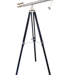 Decorative Double Barrel Standard Tube Length Marine Navy Designer Home Floor Standing Maritime Black Tripod Nickel Silver Finish Telescope Collectible Item