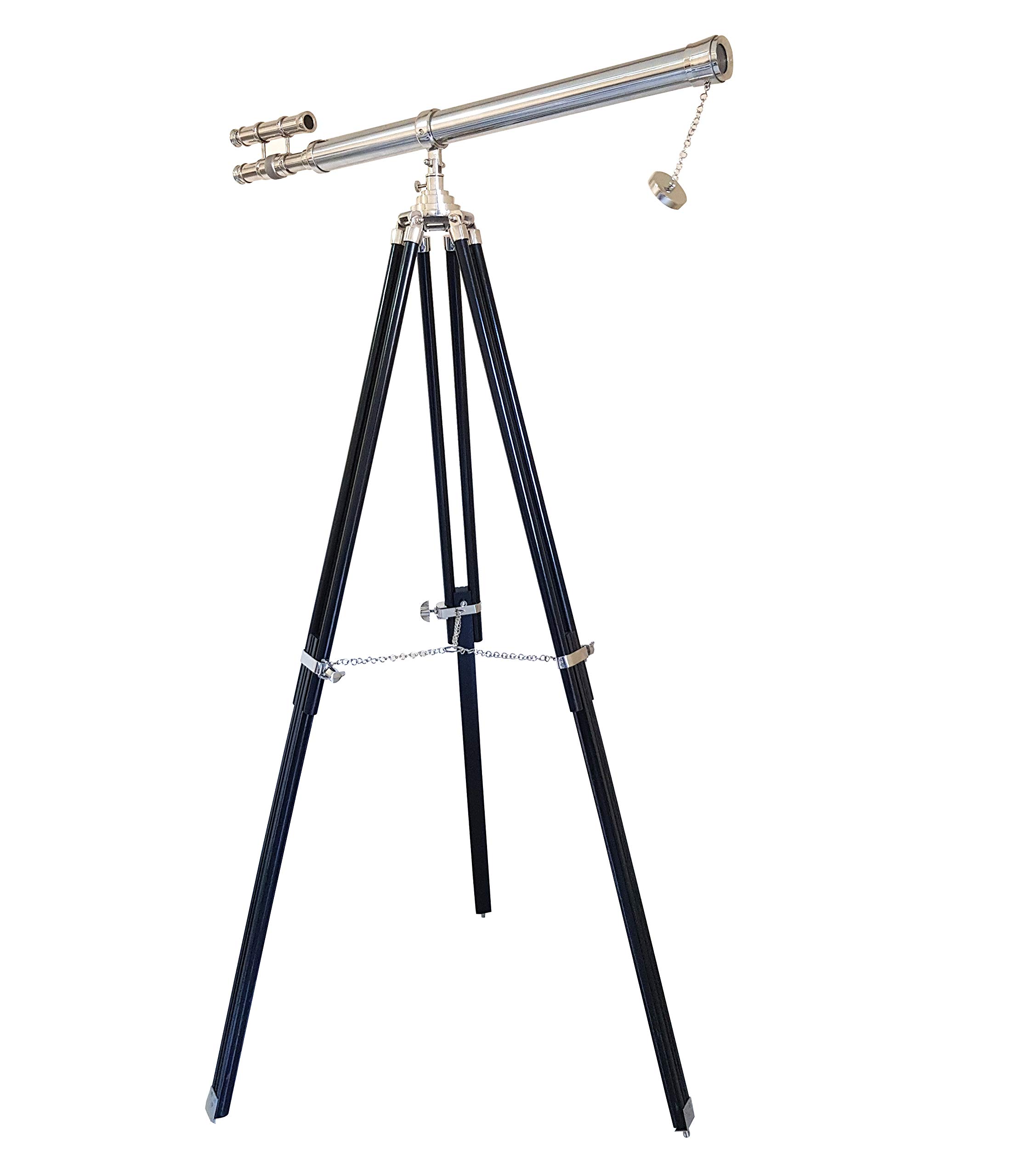 Decorative Double Barrel Standard Tube Length Marine Navy Designer Home Floor Standing Maritime Black Tripod Nickel Silver Finish Telescope Collectible Item