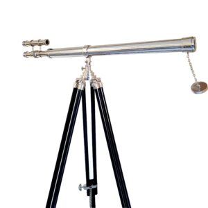 Decorative Double Barrel Standard Tube Length Marine Navy Designer Home Floor Standing Maritime Black Tripod Nickel Silver Finish Telescope Collectible Item