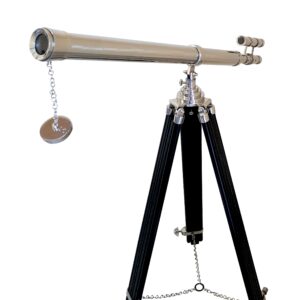 Decorative Double Barrel Standard Tube Length Marine Navy Designer Home Floor Standing Maritime Black Tripod Nickel Silver Finish Telescope Collectible Item