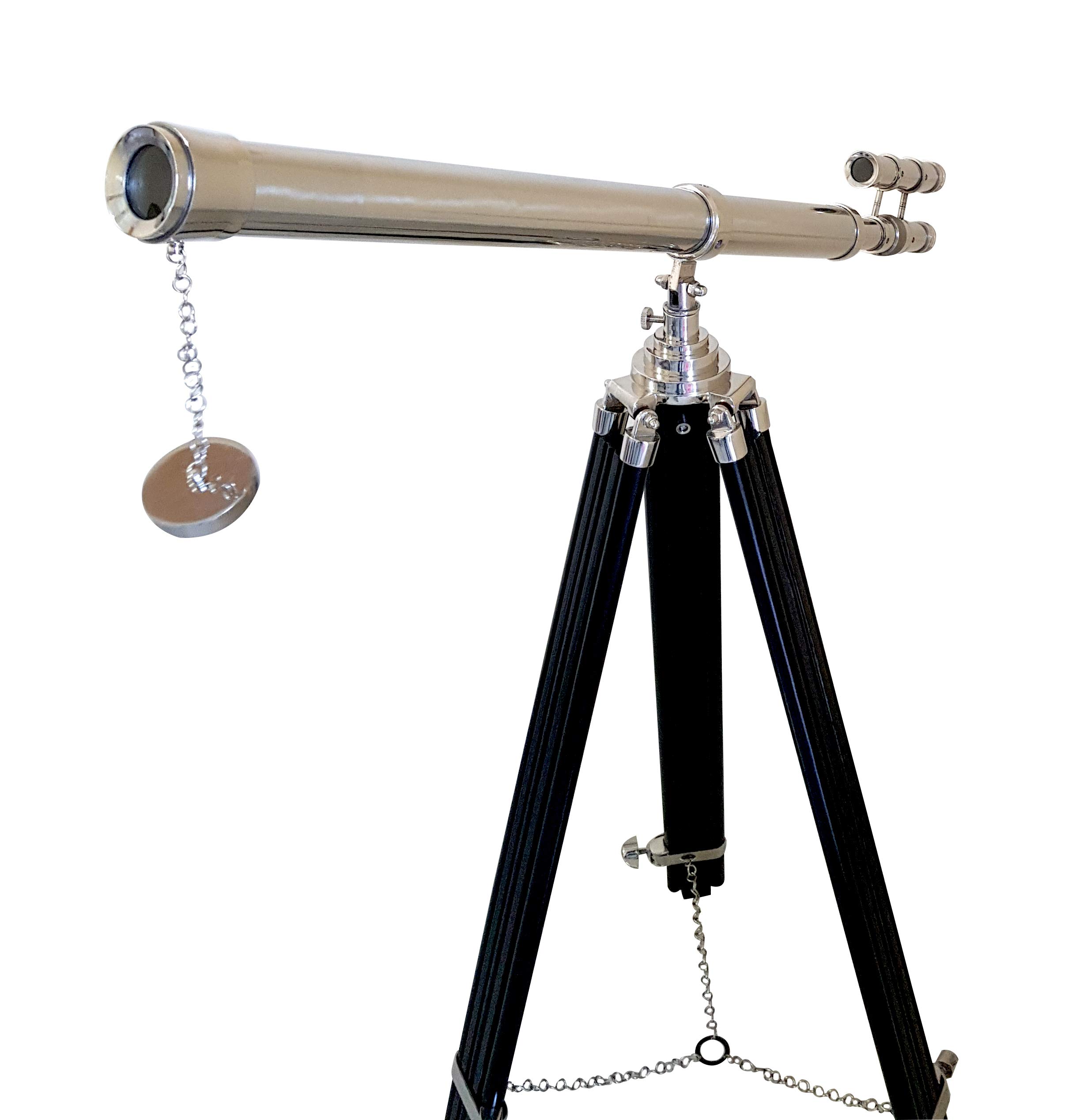 Decorative Double Barrel Standard Tube Length Marine Navy Designer Home Floor Standing Maritime Black Tripod Nickel Silver Finish Telescope Collectible Item