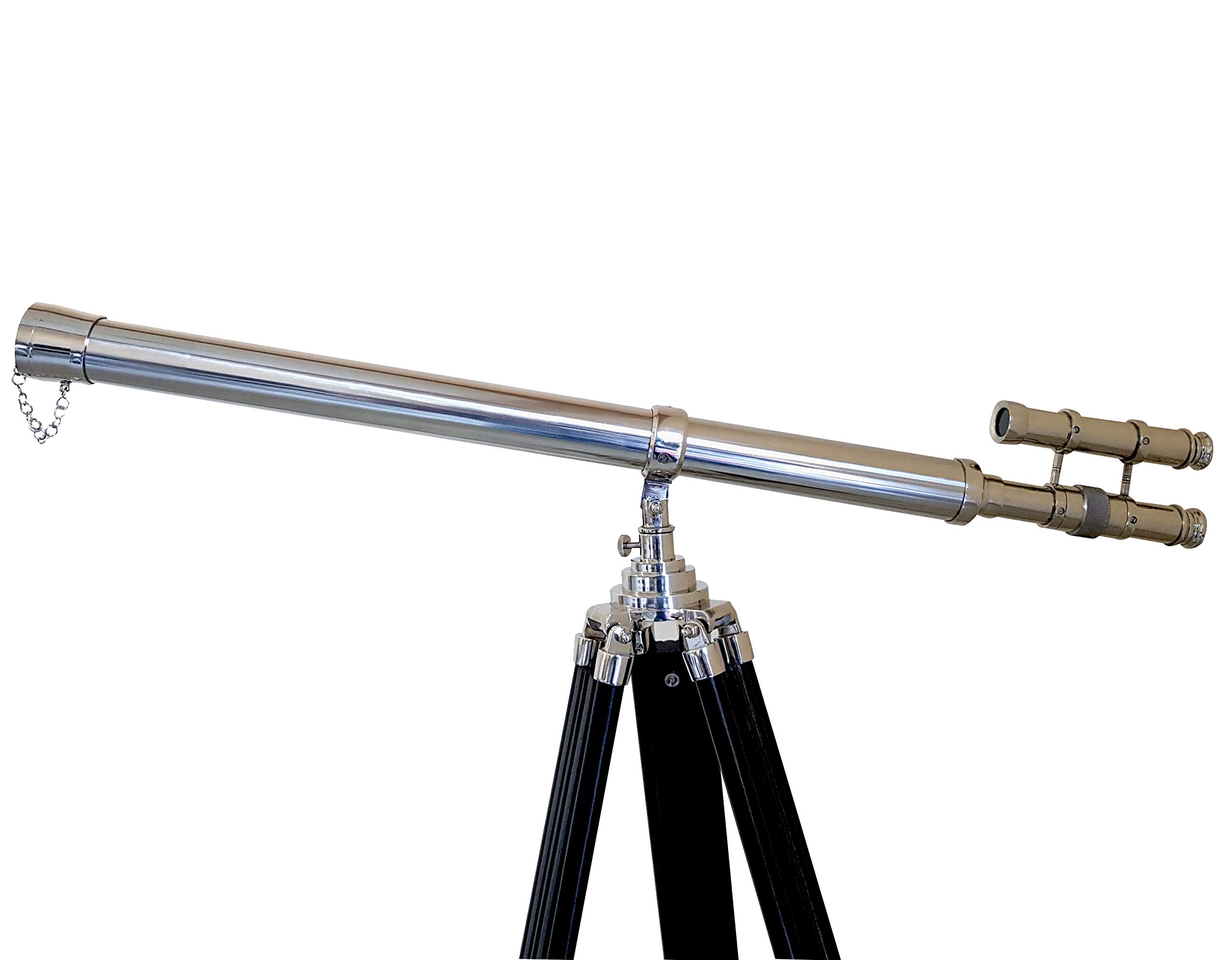 Decorative Double Barrel Standard Tube Length Marine Navy Designer Home Floor Standing Maritime Black Tripod Nickel Silver Finish Telescope Collectible Item