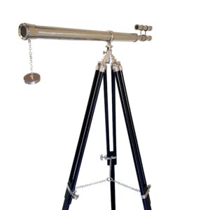 Decorative Double Barrel Standard Tube Length Marine Navy Designer Home Floor Standing Maritime Black Tripod Nickel Silver Finish Telescope Collectible Item