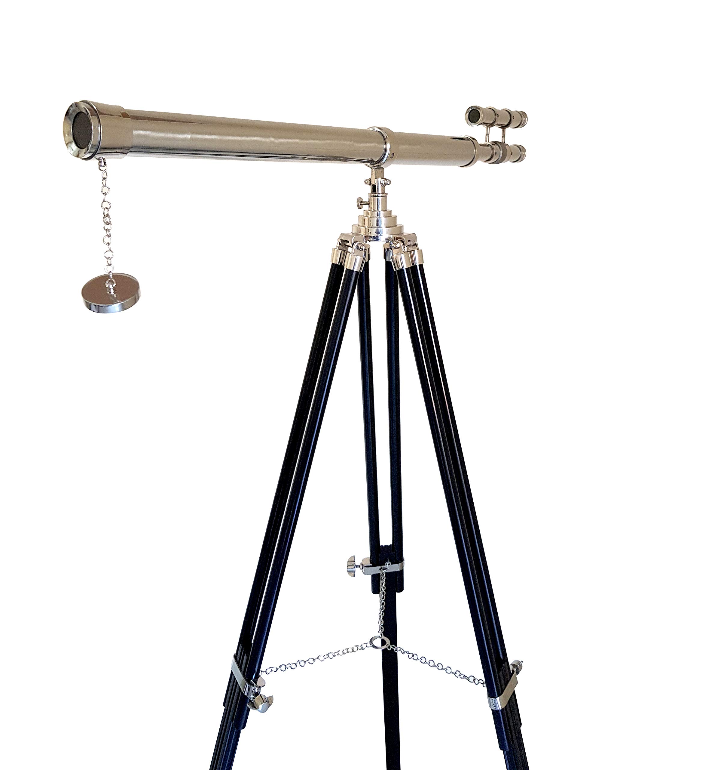 Decorative Double Barrel Standard Tube Length Marine Navy Designer Home Floor Standing Maritime Black Tripod Nickel Silver Finish Telescope Collectible Item