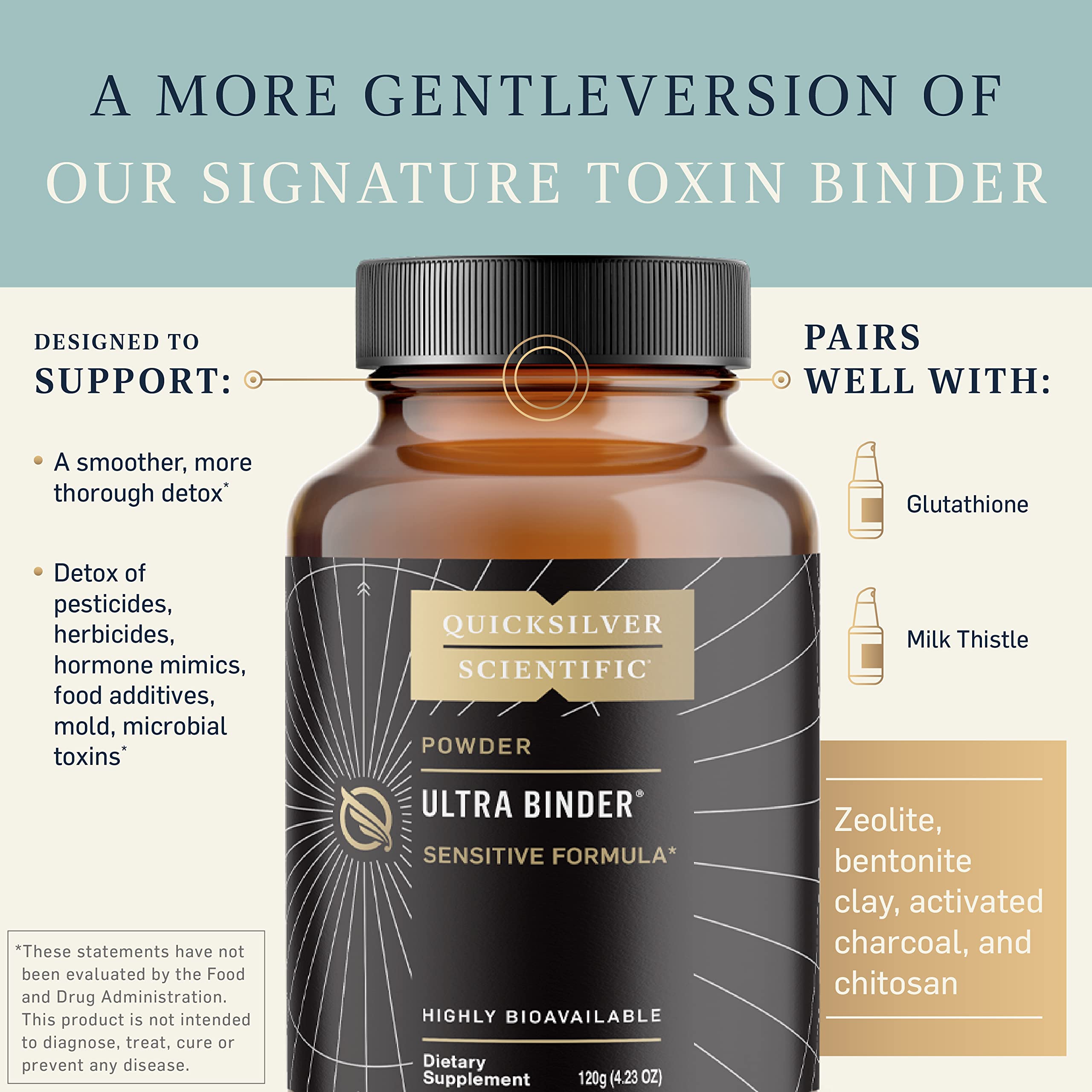 Quicksilver Scientific Ultra Binder Sensitive Formula - Gut Health Supplement with Activated Charcoal, Bentonite Clay - Cleansing Support Powder (120g)