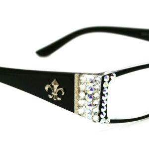 The French, (Bling) Fleur De Lis Women Reading Glasses Adorned with (Clear + Aurora Borealis) Austrian Crystals, Magnifying (Black) Rectangular. NY Fifth Avenue. (+2.50)