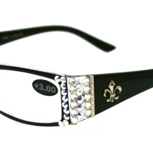 The French, (Bling) Fleur De Lis Women Reading Glasses Adorned with (Clear + Aurora Borealis) Austrian Crystals, Magnifying (Black) Rectangular. NY Fifth Avenue. (+2.50)