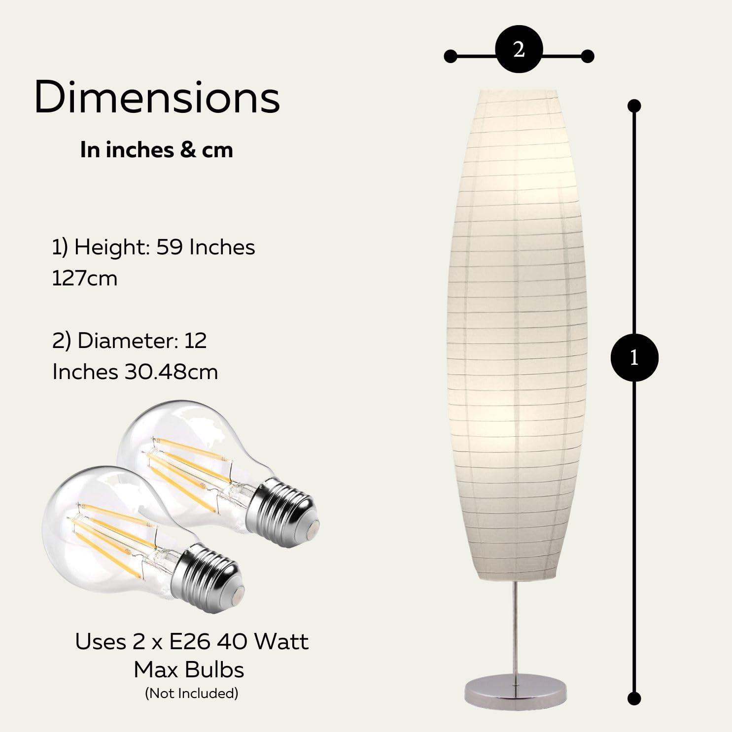 LIGHTACCENTS Rice Paper Floor Lamp 59-Inches Tall - Japanese Decor Standing Lamps for Bedrooms with White Paper Shade - Floor Lamps for Living Room - Rice Paper Floor Lamp, Dorm Room Essentials