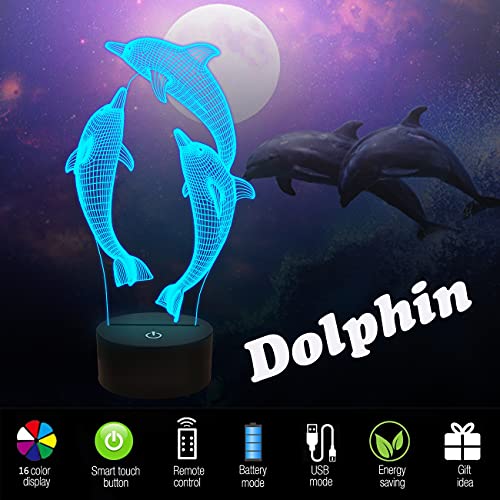 FULLOSUN Night Light for Kids Ocean Dolphin 3D Night Light Porpoise Bedside Lamp with Remote Control 16 Color Changing Xmas Halloween Birthday Gift for Child Baby Girl