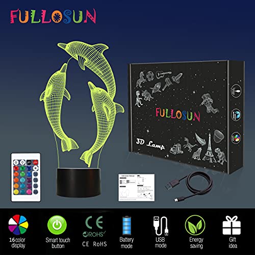 FULLOSUN Night Light for Kids Ocean Dolphin 3D Night Light Porpoise Bedside Lamp with Remote Control 16 Color Changing Xmas Halloween Birthday Gift for Child Baby Girl