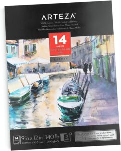 arteza watercolor paper, 14 sheets, 9x12 inches watercolor pad, 140lb/300gsm, 100% cotton, double-sided, cold press, acid free art paper