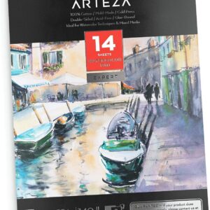 ARTEZA Watercolor Paper, 14 Sheets, 9x12 Inches Watercolor Pad, 140lb/300gsm, 100% Cotton, Double-Sided, Cold Press, Acid Free Art Paper