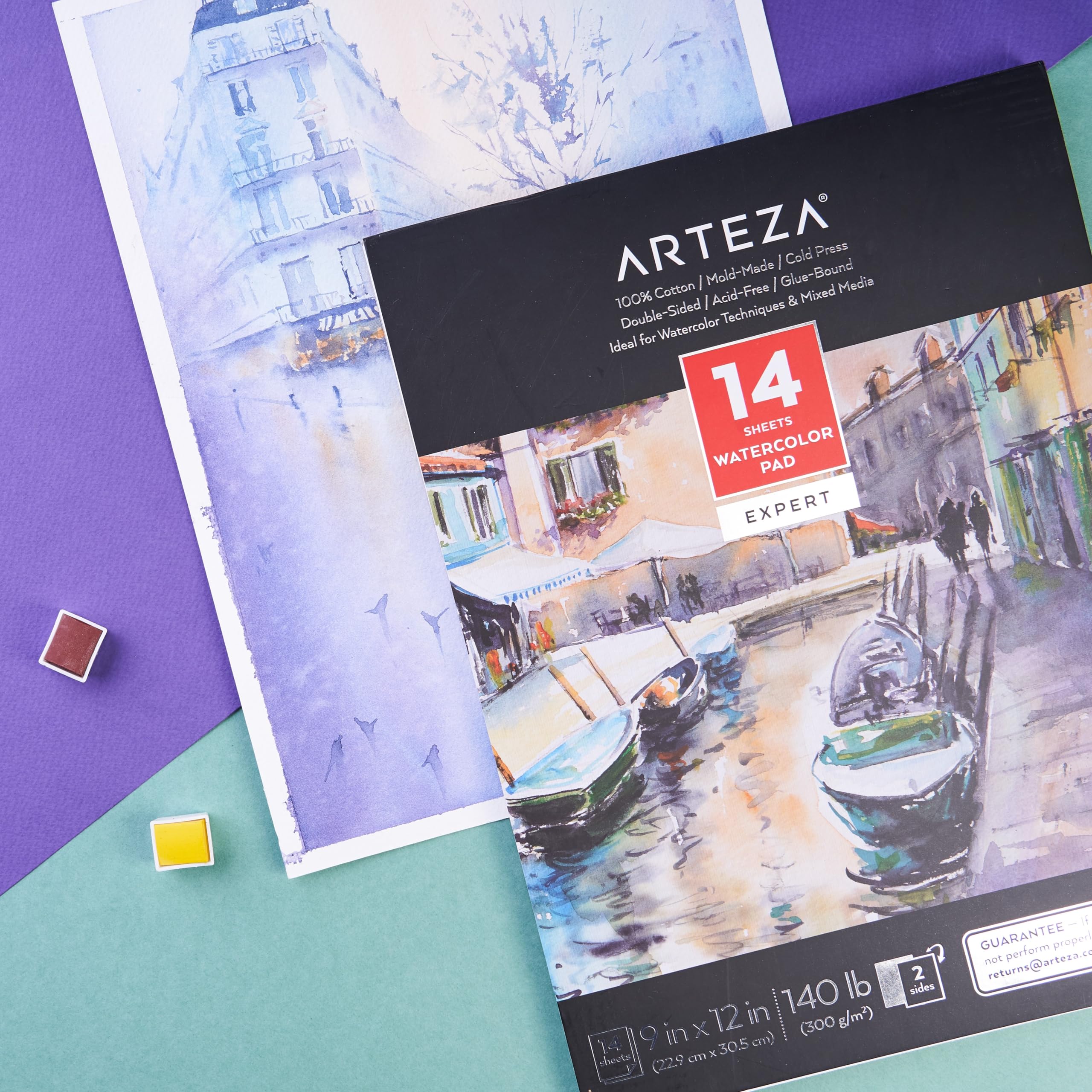 ARTEZA Watercolor Paper, 14 Sheets, 9x12 Inches Watercolor Pad, 140lb/300gsm, 100% Cotton, Double-Sided, Cold Press, Acid Free Art Paper