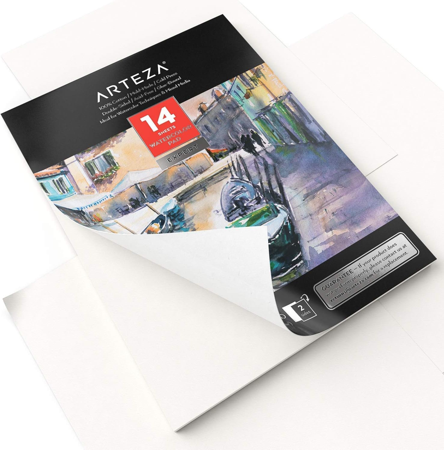 ARTEZA Watercolor Paper, 14 Sheets, 9x12 Inches Watercolor Pad, 140lb/300gsm, 100% Cotton, Double-Sided, Cold Press, Acid Free Art Paper