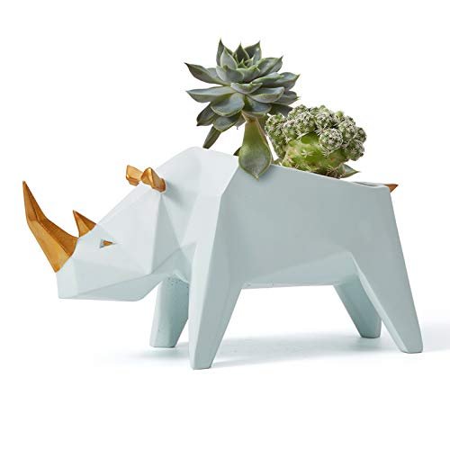 HAUCOZE Succulent Planter Rhino Statue Decor Animal Gifts Modern Sculpture Figurine Geometric Crafts Arts Polyresin Flower Pot 7.1inch