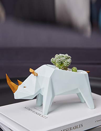 HAUCOZE Succulent Planter Rhino Statue Decor Animal Gifts Modern Sculpture Figurine Geometric Crafts Arts Polyresin Flower Pot 7.1inch