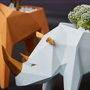 HAUCOZE Succulent Planter Rhino Statue Decor Animal Gifts Modern Sculpture Figurine Geometric Crafts Arts Polyresin Flower Pot 7.1inch