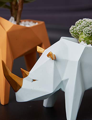 HAUCOZE Succulent Planter Rhino Statue Decor Animal Gifts Modern Sculpture Figurine Geometric Crafts Arts Polyresin Flower Pot 7.1inch