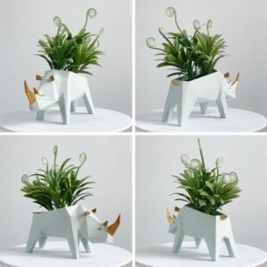 HAUCOZE Succulent Planter Rhino Statue Decor Animal Gifts Modern Sculpture Figurine Geometric Crafts Arts Polyresin Flower Pot 7.1inch