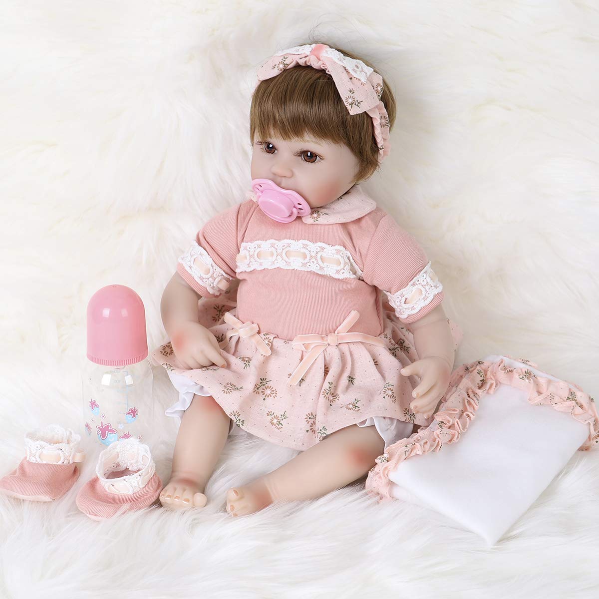 ENADOLL Reborn Baby Doll Realistic Silicone Vinyl Cute Headband Baby 16 inch Weighted Soft Body Lifelike Doll Gift Set for Ages 3+(Cute Headband)