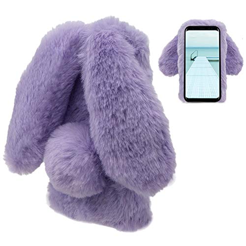 LCHDA Rabbit Case for Samsung Galaxy S8, Cute 3D Bunny Ears Soft Furry Hairball Fuzzy Winter Warm Faux Fur Plush Fluffy Flexible TPU Bumper Protective Skin Cover for Women Girls - Purple