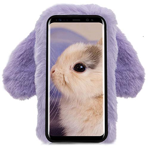 LCHDA Rabbit Case for Samsung Galaxy S8, Cute 3D Bunny Ears Soft Furry Hairball Fuzzy Winter Warm Faux Fur Plush Fluffy Flexible TPU Bumper Protective Skin Cover for Women Girls - Purple