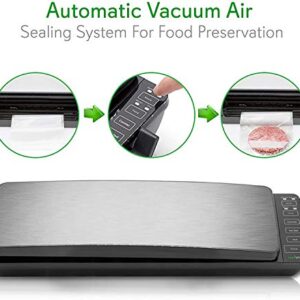 Automatic Food Vacuum Sealer System - 110W Sealed Meat Packing Sealing Preservation Sous Vide Machine w/ 2 Seal Modes, Saver Vac Roll Bags, Vacuum Air Hose - NutriChef PKVS35STS (Stainless Steel)