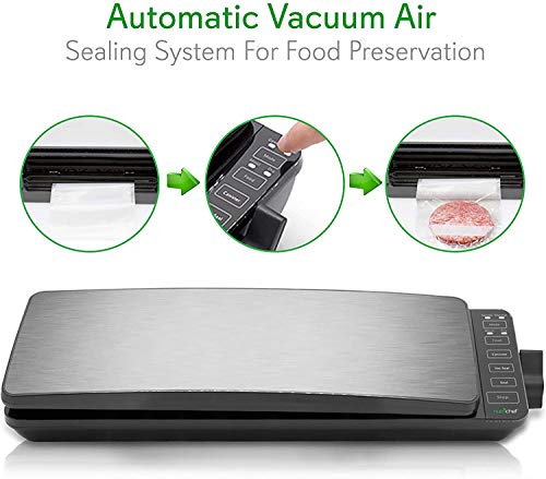 Automatic Food Vacuum Sealer System - 110W Sealed Meat Packing Sealing Preservation Sous Vide Machine w/ 2 Seal Modes, Saver Vac Roll Bags, Vacuum Air Hose - NutriChef PKVS35STS (Stainless Steel)