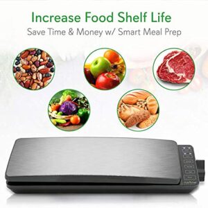 Automatic Food Vacuum Sealer System - 110W Sealed Meat Packing Sealing Preservation Sous Vide Machine w/ 2 Seal Modes, Saver Vac Roll Bags, Vacuum Air Hose - NutriChef PKVS35STS (Stainless Steel)