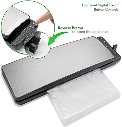 Automatic Food Vacuum Sealer System - 110W Sealed Meat Packing Sealing Preservation Sous Vide Machine w/ 2 Seal Modes, Saver Vac Roll Bags, Vacuum Air Hose - NutriChef PKVS35STS (Stainless Steel)