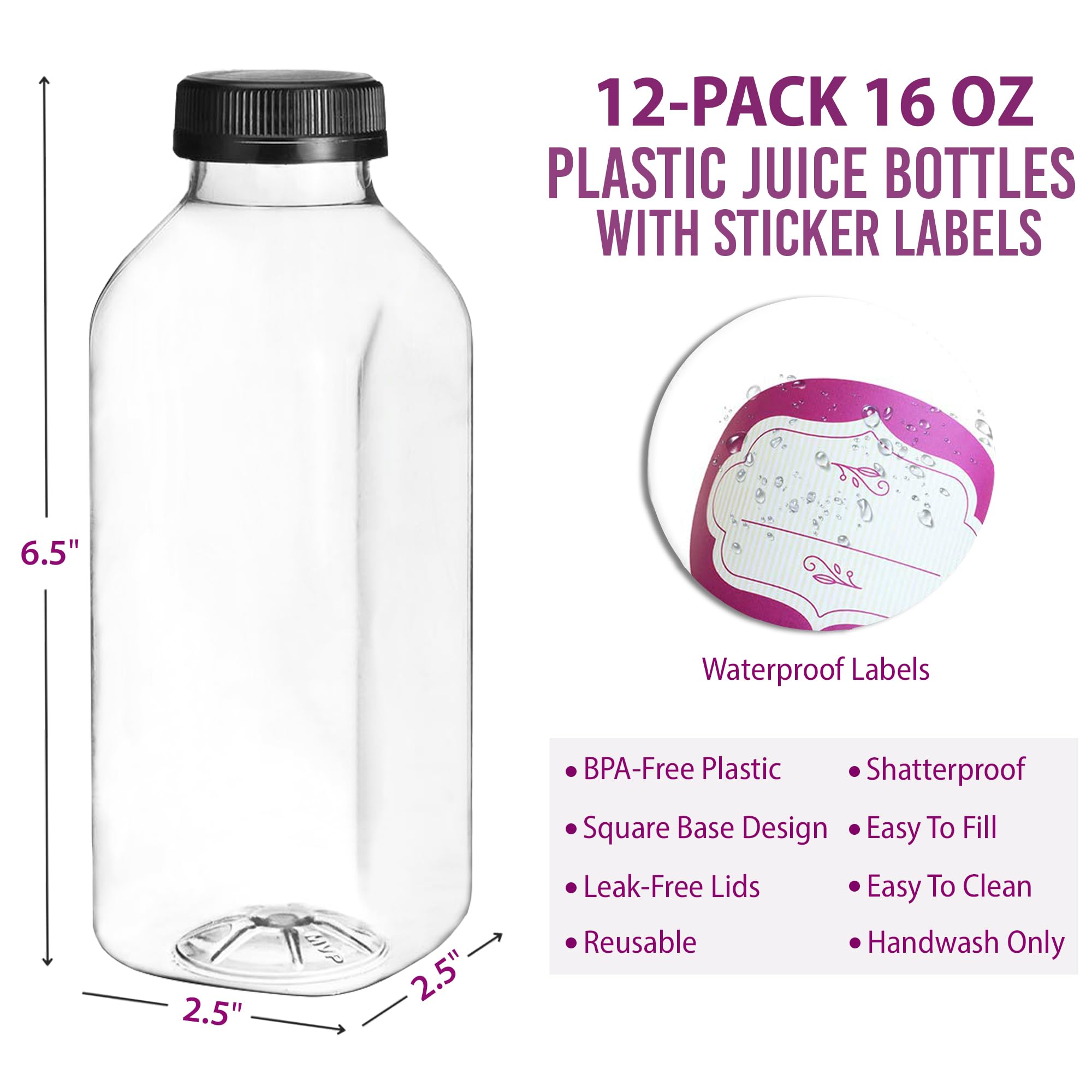 DilaBee 16 Oz Empty Plastic Juice Bottles with Lids – 12 Pack Small Square Drink Containers - Great for Storing Homemade Juices, Water, Smoothies, Tea and Other Beverages - Food Grade BPA Free